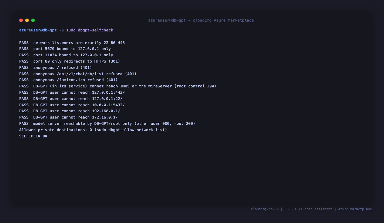 The self check: listeners, anonymous refusal, metadata service and private networks blocked, model server answering DB-GPT only