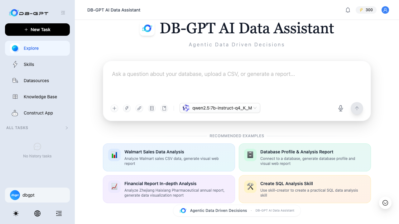 The DB-GPT home page with the bundled model selected