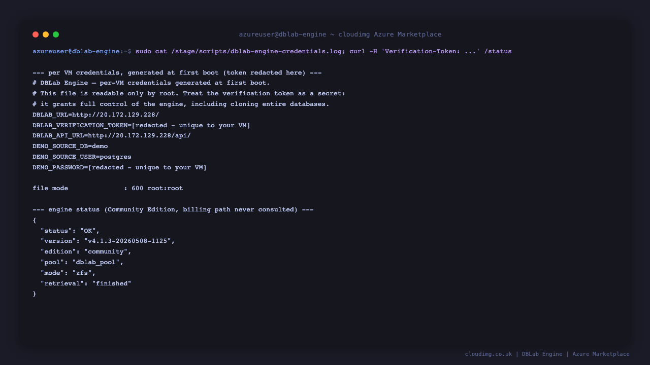 DBLab credentials and engine status