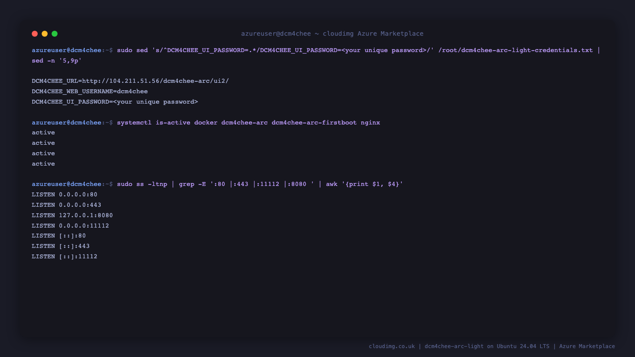 The docker, dcm4chee-arc, dcm4chee-arc-firstboot and nginx units all reporting active, the three archive containers running, and the listening ports showing nginx on 80 and the DICOM server on 11112 while WildFly 8080 stays on loopback