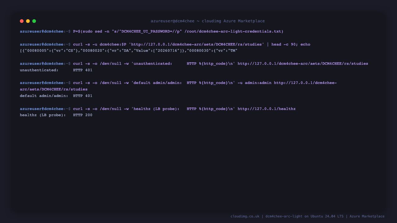 An unauthenticated DICOMweb request refused with HTTP 401, the well known admin admin default also refused with 401, and the unauthenticated healthz endpoint returning ok for the Azure load balancer probe