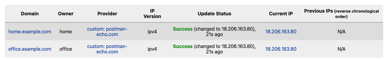 The DDNS Updater records page with two demonstration records, each showing Success and the instance's current public IP