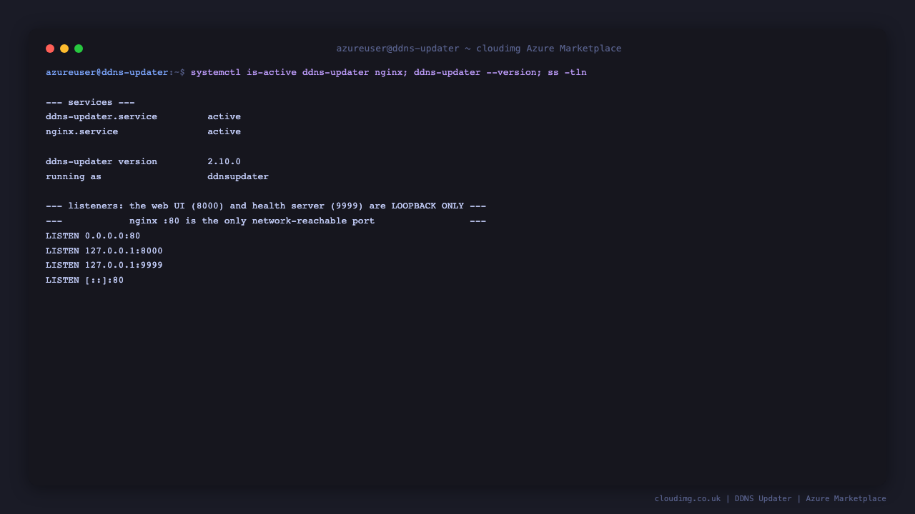 The ddns-updater and nginx services active, DDNS Updater 2.10.0 running as the unprivileged ddnsupdater user, and the listener list showing the web UI on 127.0.0.1:8000 and the health server on 127.0.0.1:9999 with only nginx bound to port 80