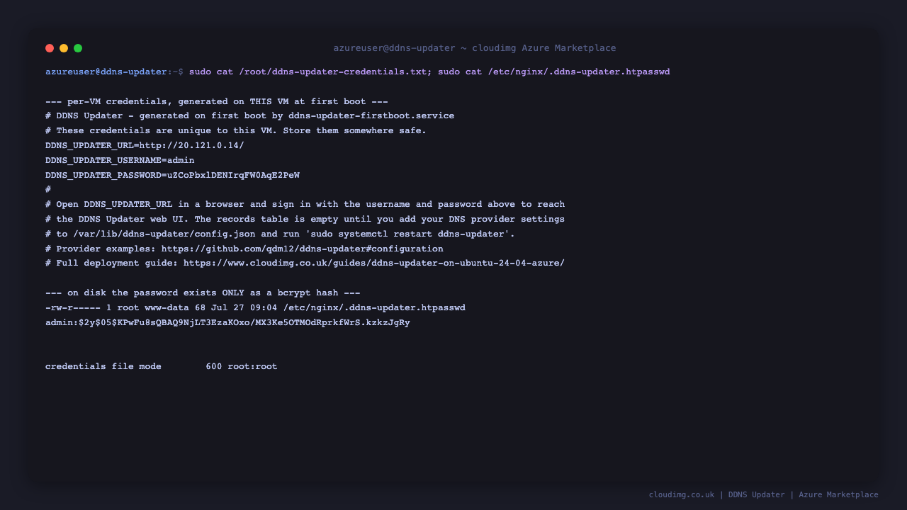 The per-VM credentials file listing the DDNS Updater URL, the admin username and the generated password, alongside the bcrypt hashed entry in the nginx htpasswd file and the credentials file mode 600 root root