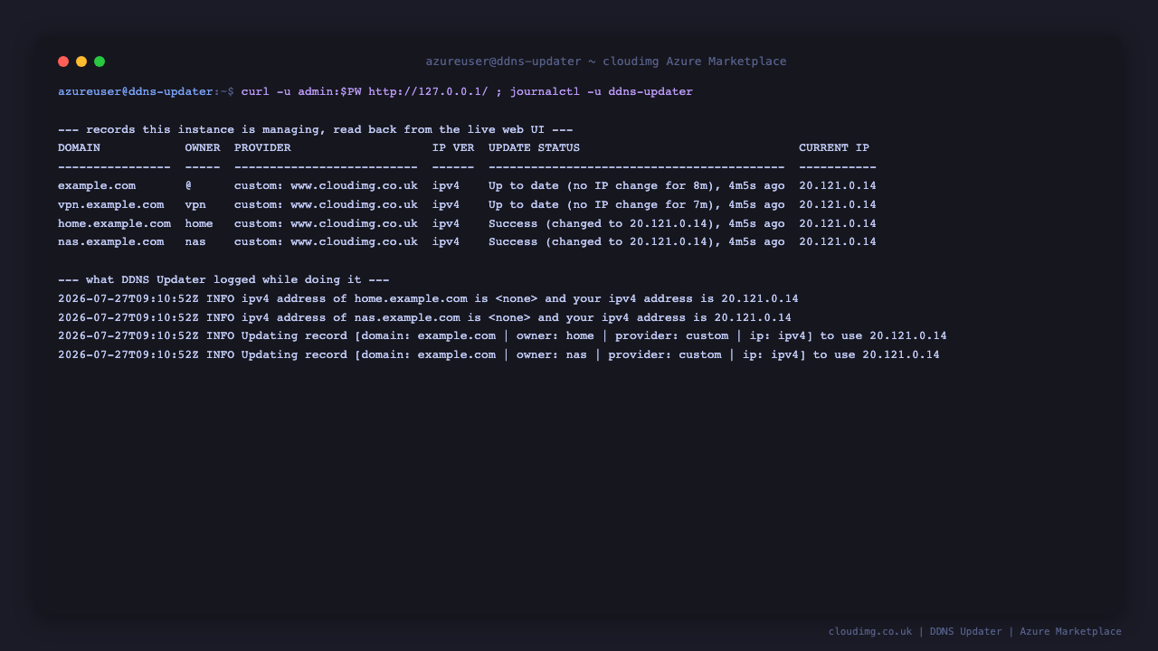 The records table read back from the web UI on the command line showing four domains with their provider, IP version, update status and current IP, above the DDNS Updater log lines reporting the resolved public IPv4 address and each record update