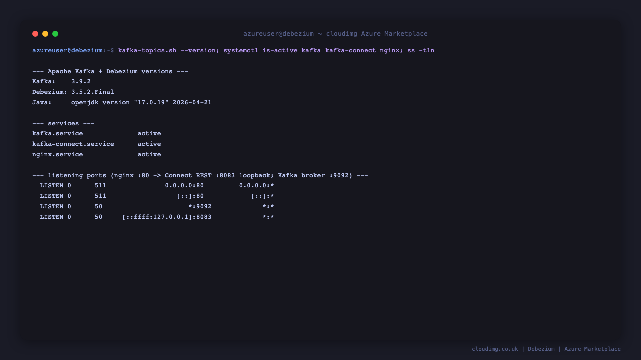 Apache Kafka 3.9.2 and Debezium 3.5.2 versions with all three services active