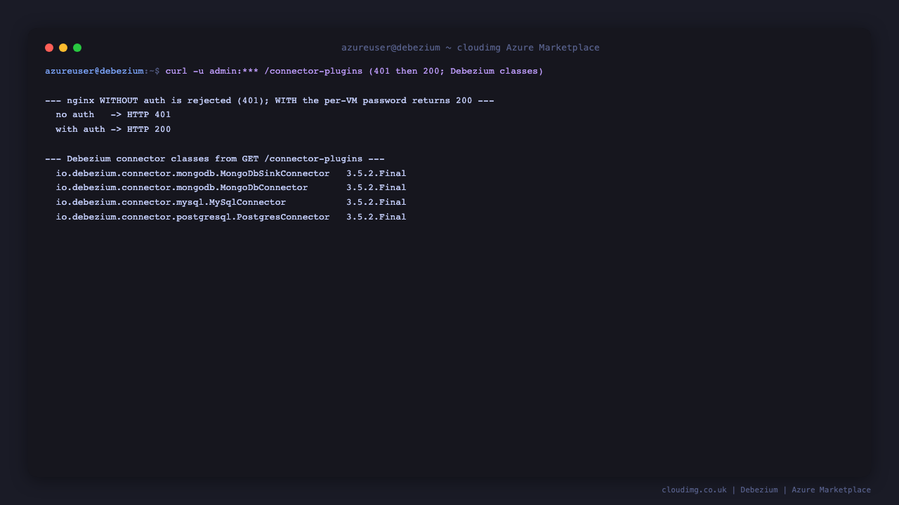 The Connect REST connector-plugins endpoint listing the Debezium PostgreSQL, MySQL and MongoDB connectors