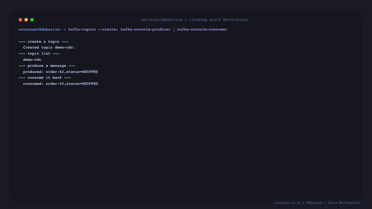 A Kafka round-trip: creating a topic then producing and consuming a message