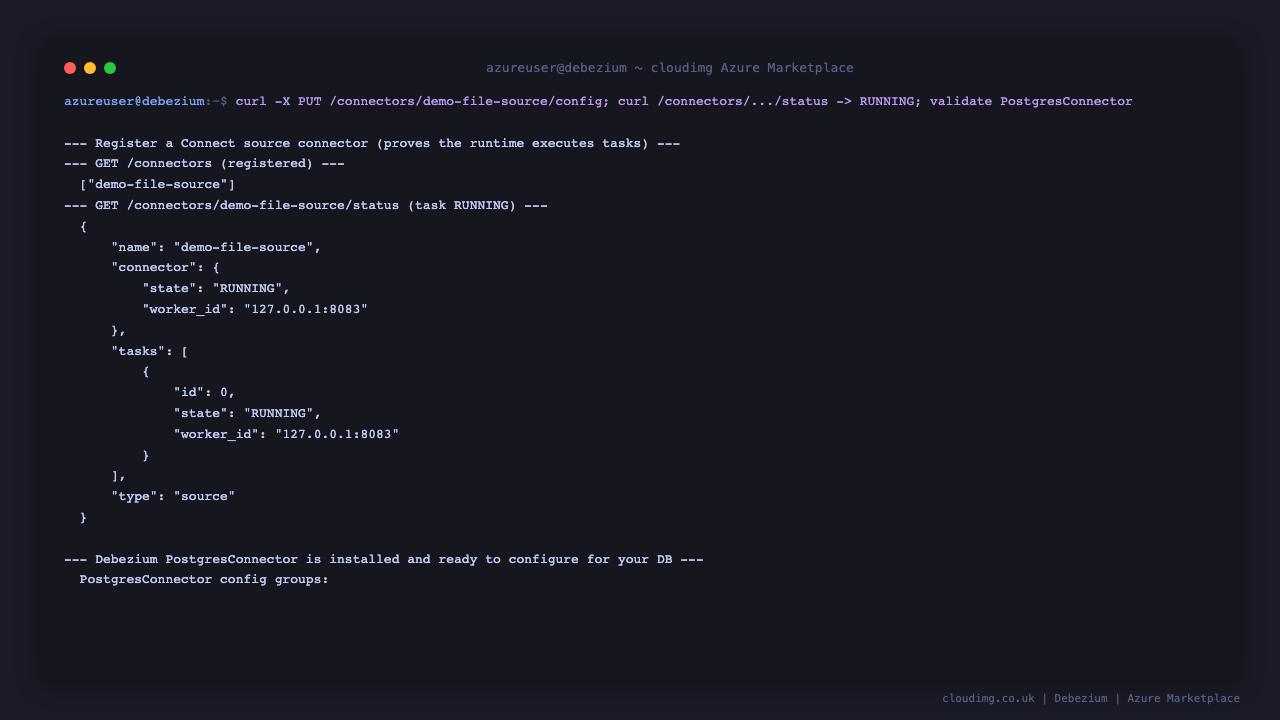 A registered Debezium PostgreSQL connector reporting state RUNNING via the Connect REST status API