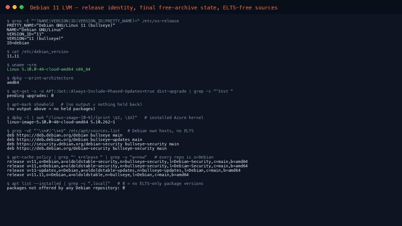 The terminal shows the os-release fields reporting Debian GNU/Linux 11 bullseye with VERSION_ID 11, the point release 11.11, uname reporting the Debian cloud kernel 5.10.0-46 on x86_64, and dpkg print-architecture reporting amd64