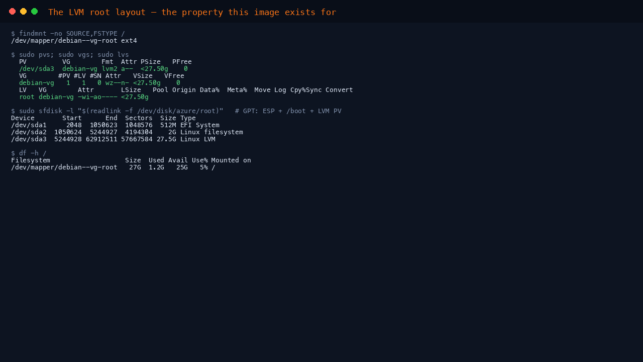 The terminal shows findmnt reporting the root filesystem on dev mapper debian vg root with ext4, pvs showing one physical volume on the third partition, vgs showing the debian-vg volume group and lvs showing the root logical volume