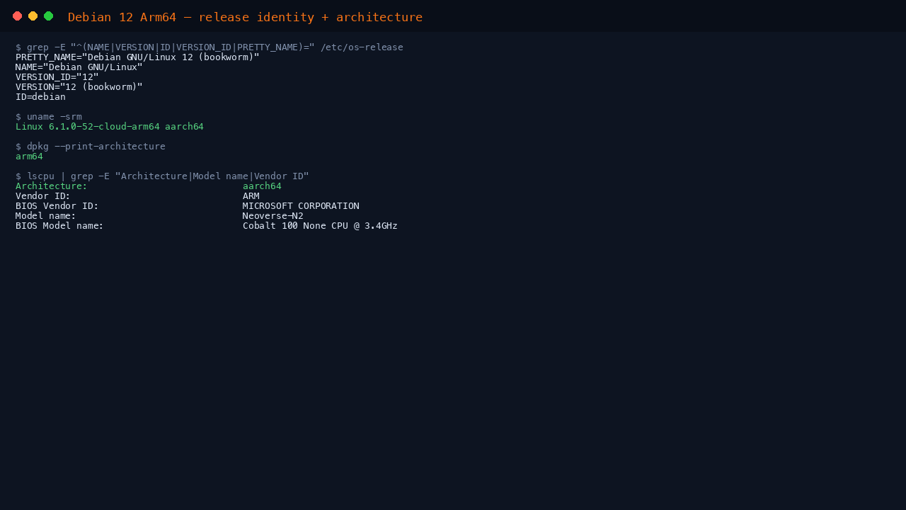 The terminal shows the os-release fields reporting NAME Debian GNU Linux, VERSION 12 bookworm, ID debian and VERSION_ID 12, uname reporting an aarch64 cloud arm64 kernel, and dpkg print-architecture reporting arm64