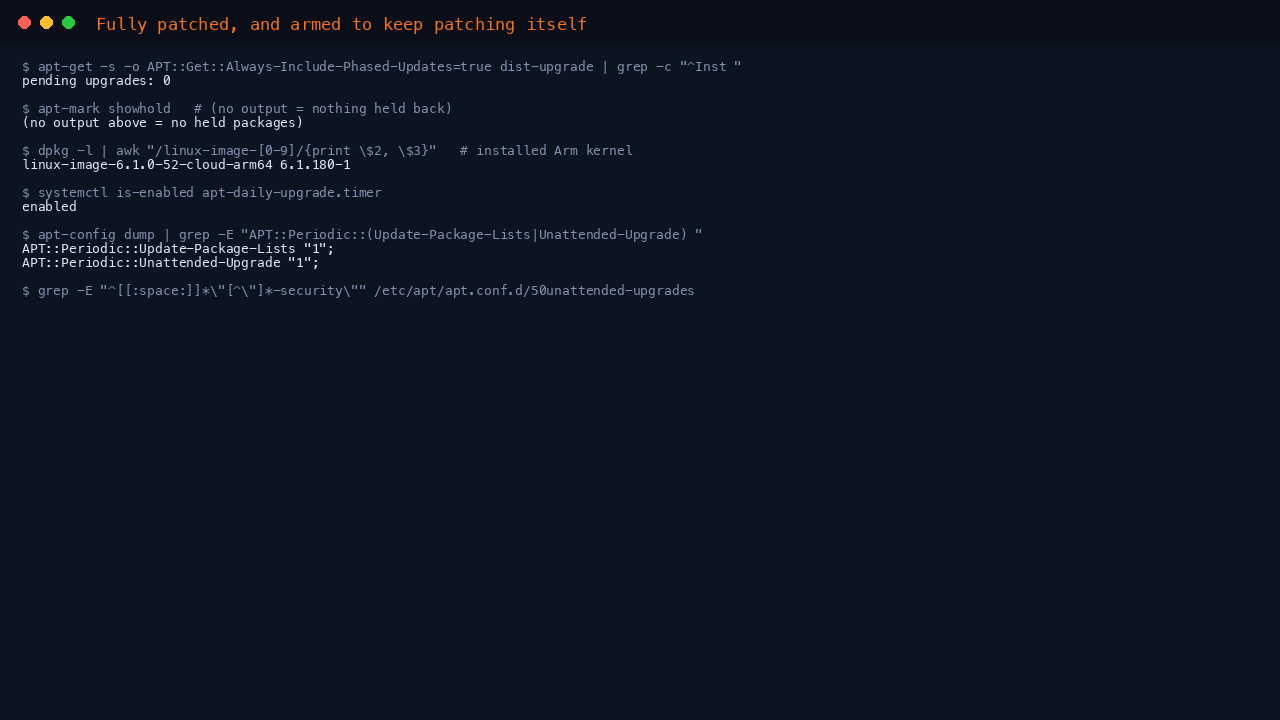 The terminal shows a simulated dist-upgrade reporting zero pending upgrades, apt-mark showhold returning nothing so no packages are held, and dpkg listing the installed linux-image cloud arm64 kernel package for the Arm build