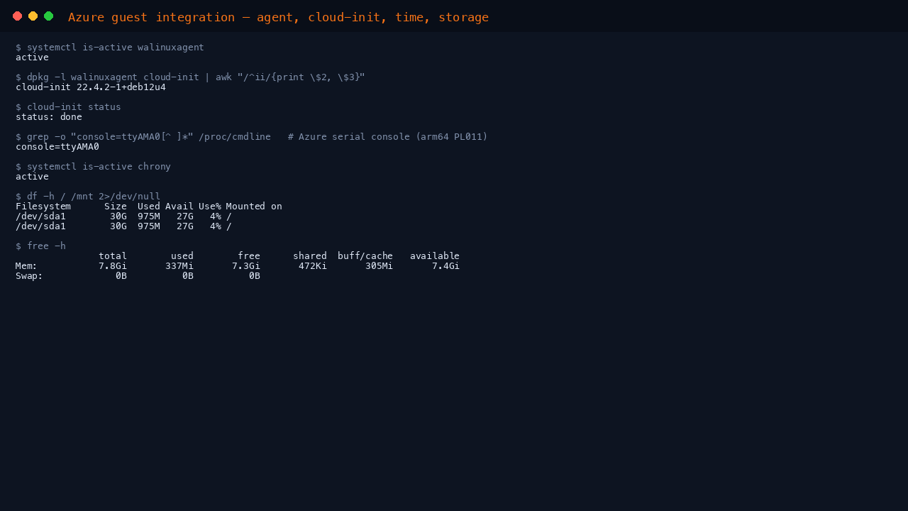 The terminal shows the Azure Linux Agent active, the cloud-init version, apt-daily-upgrade.timer enabled so security updates apply on a timer, the apt periodic configuration with Update-Package-Lists and Unattended-Upgrade both set to 1, chrony active for time synchronisation, the root filesystem usage from df, and the memory summary from free showing no swap