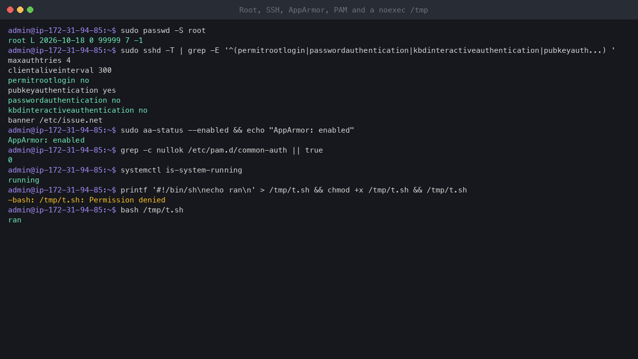 Terminal output showing the root account locked, the effective SSH settings with root login and password authentication off, AppArmor enabled, no nullok in PAM, the system state running, and a script in the noexec /tmp refused with Permission denied while running it through bash works