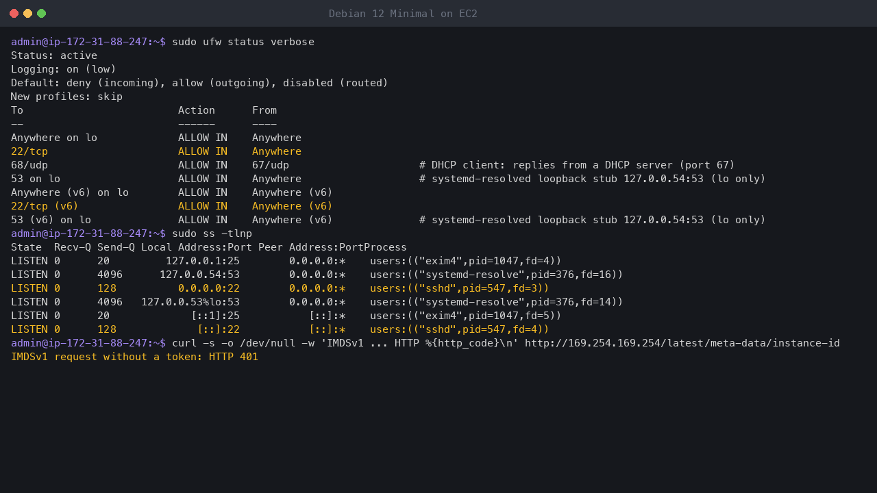 Terminal output showing ufw active with default deny incoming and allow outgoing, rules allowing only loopback, SSH on 22/tcp, DHCP replies and the loopback DNS stub, sshd as the only socket listening on a network address, and a token-less IMDSv1 request refused with HTTP 401