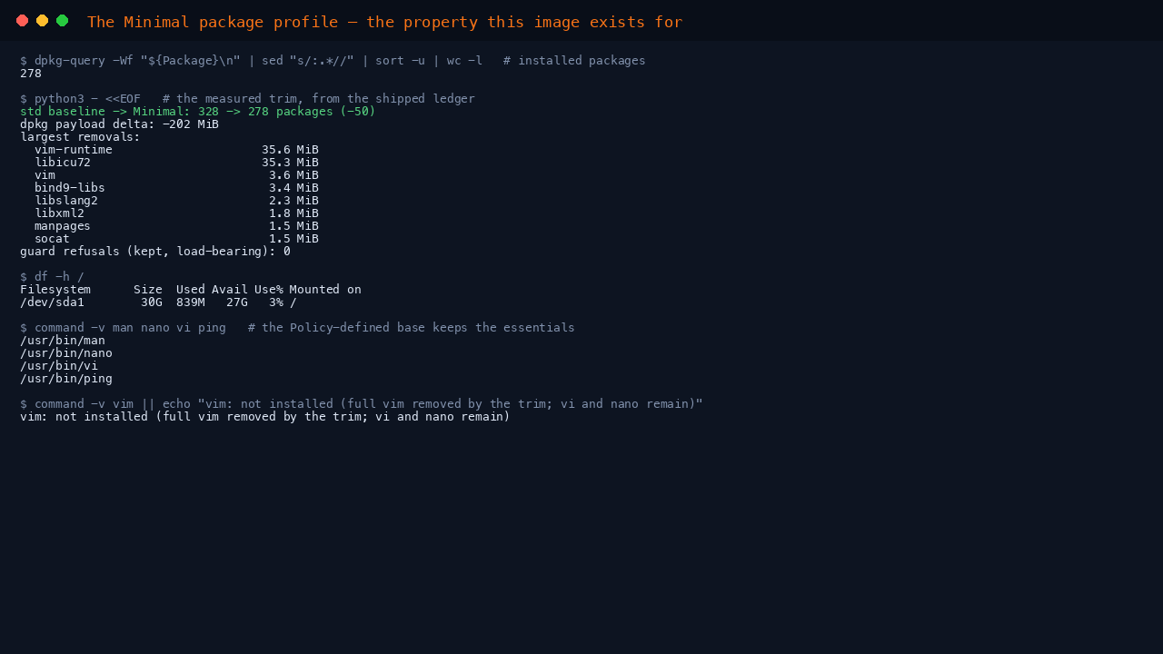 The terminal shows the installed package count of 278, the measured trim of 50 packages against the standard image from the shipped ledger with the largest removals listed, and df reporting a lean root filesystem