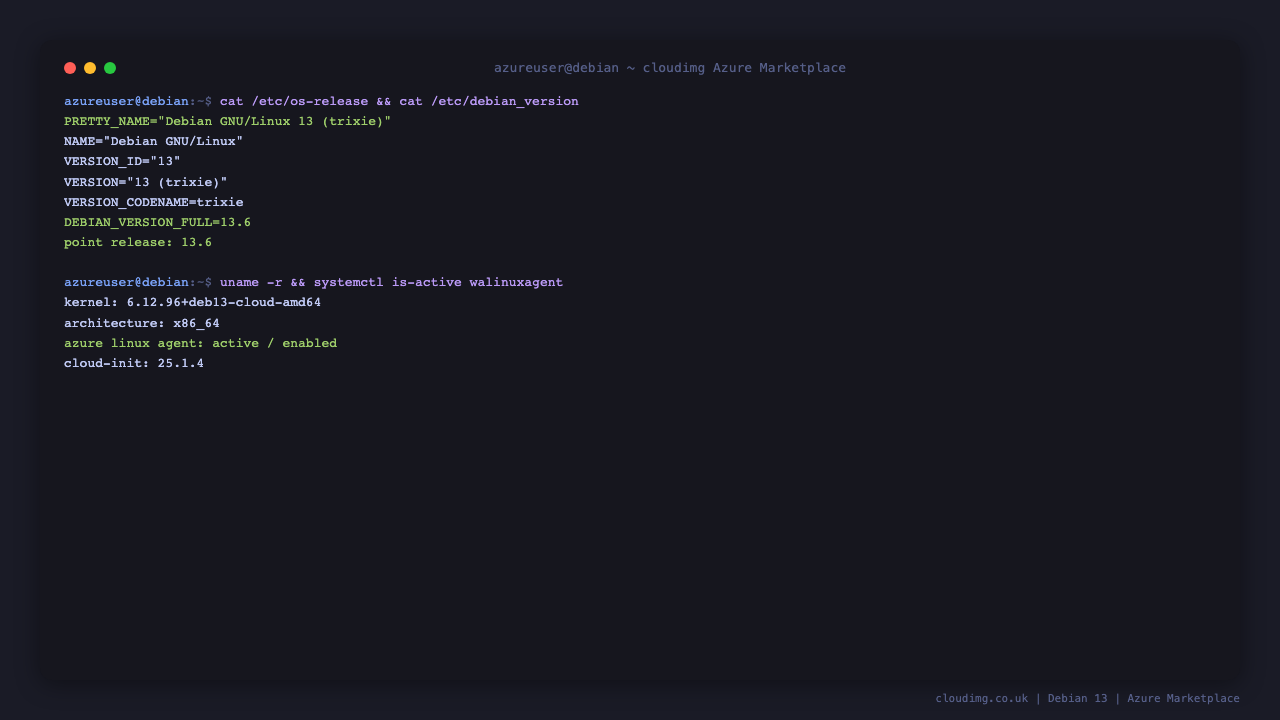 Terminal showing cat /etc/os-release reporting Debian GNU/Linux 13 trixie at point release 13.6, the 6.12.96+deb13-cloud-amd64 kernel, x86_64 architecture and the Azure Linux Agent reporting active and enabled