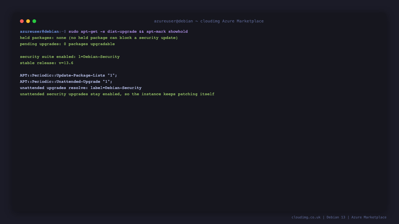 Terminal showing a simulated dist upgrade reporting no held packages and zero packages upgradable, the Debian-Security suite enabled, the stable release at v=13.6, and the periodic unattended upgrade settings armed against the Debian-Security origin