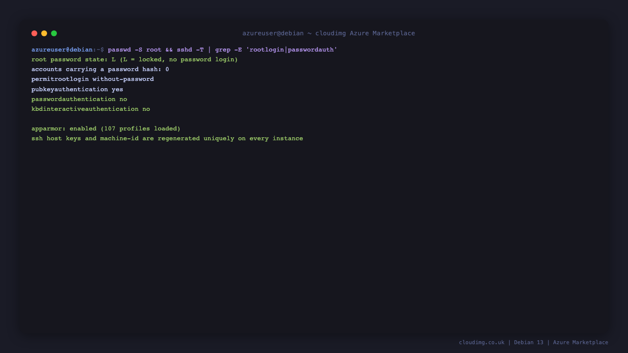 Terminal showing the root account locked, zero accounts carrying a password hash, password authentication disabled, public key authentication enabled and AppArmor enabled with 107 profiles loaded