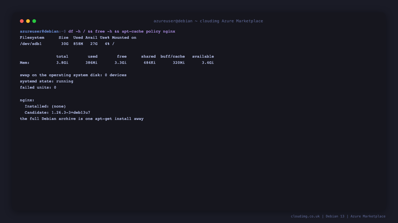 Terminal showing 30 GB of root disk with 27 GB available, 3.8 GB of memory, no swap devices, systemd running with zero failed units, and the nginx package available from the Debian archive