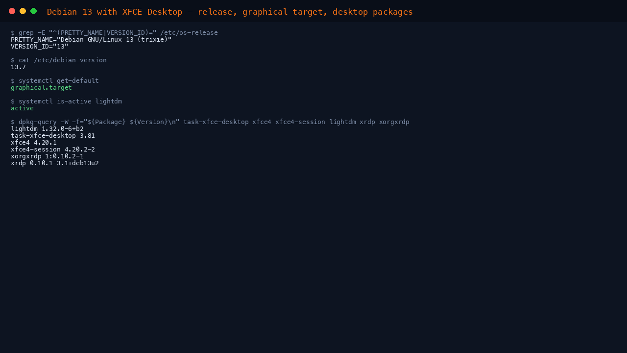 The terminal shows os-release reporting Debian GNU/Linux 13 trixie at point release 13.7, the default target graphical.target, LightDM active, and the installed versions of task-xfce-desktop, xfce4, xfce4-session, lightdm, xrdp and xorgxrdp