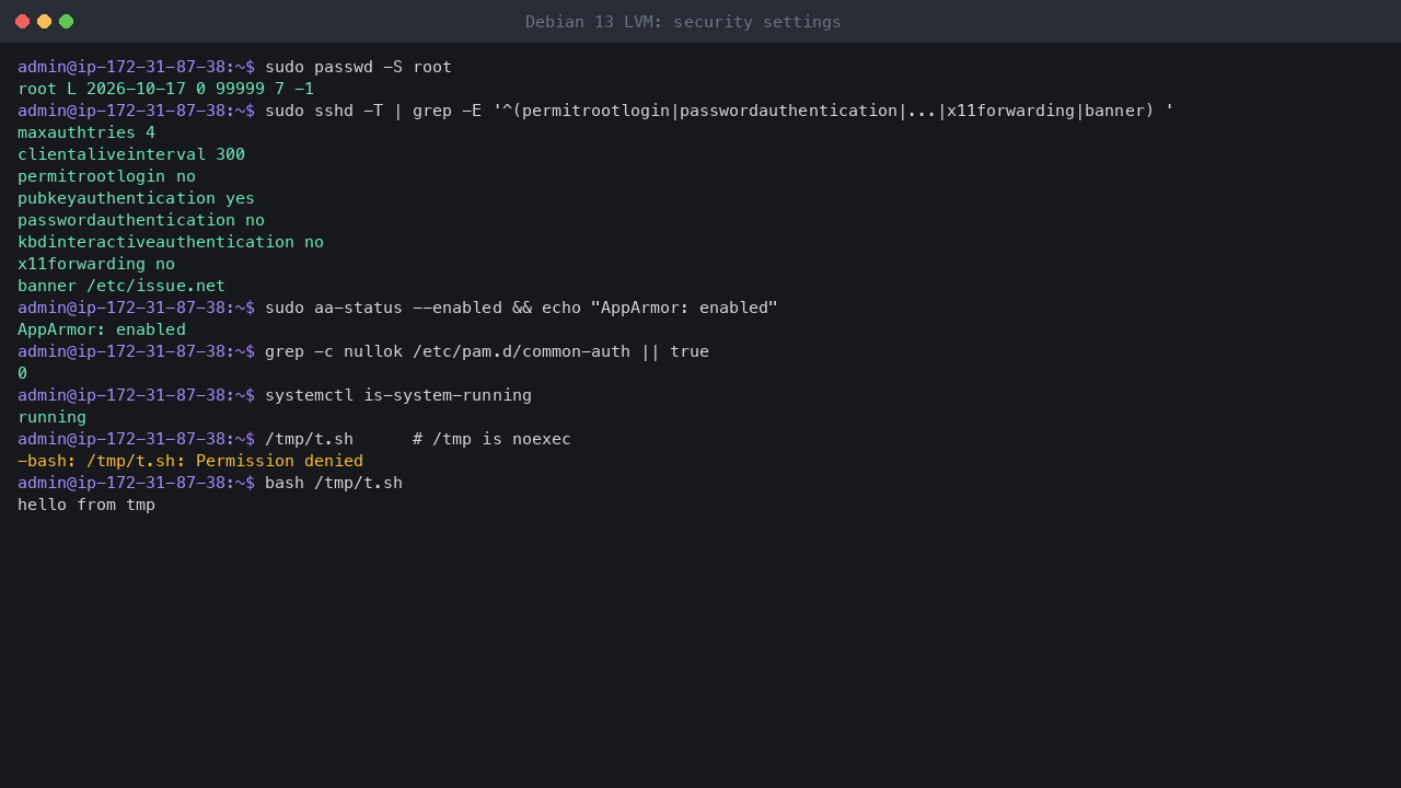 Terminal output showing the root account locked, the effective SSH settings with root login, password authentication and X11 forwarding off, AppArmor enabled, no nullok in PAM, the system state running, and a script in the noexec /tmp refused with Permission denied while running it through bash works