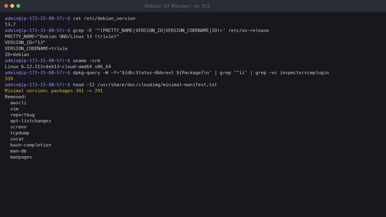 Terminal output showing debian_version 13.7, os-release reporting Debian GNU/Linux 13 trixie, uname reporting the 6.12.113+deb13 cloud-amd64 kernel, 339 installed packages and the head of the shipped Minimal manifest