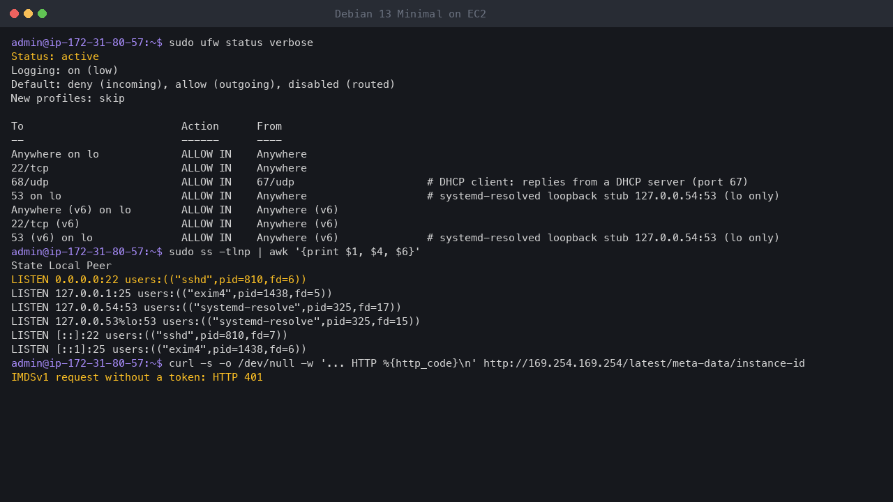 Terminal output showing ufw active with default deny incoming and allow outgoing, rules allowing only loopback, SSH on 22/tcp, DHCP replies and the loopback DNS stub, sshd as the only socket listening on a network address, and a token-less IMDSv1 request refused with HTTP 401