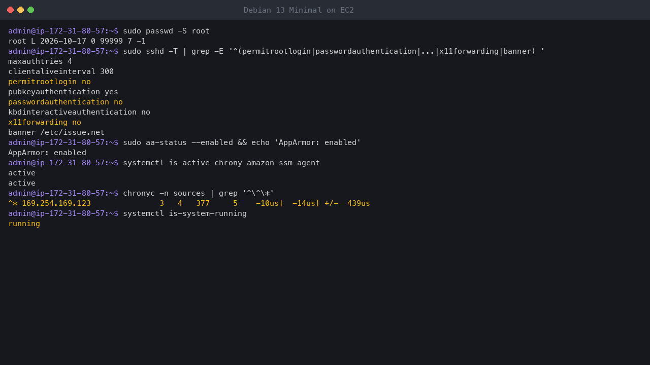 Terminal output showing the root account locked, the effective SSH settings with root login, password authentication and X11 forwarding off, AppArmor enabled, chrony and the SSM agent active, chrony synchronised to the Amazon Time Sync Service at 169.254.169.123, and the system state running