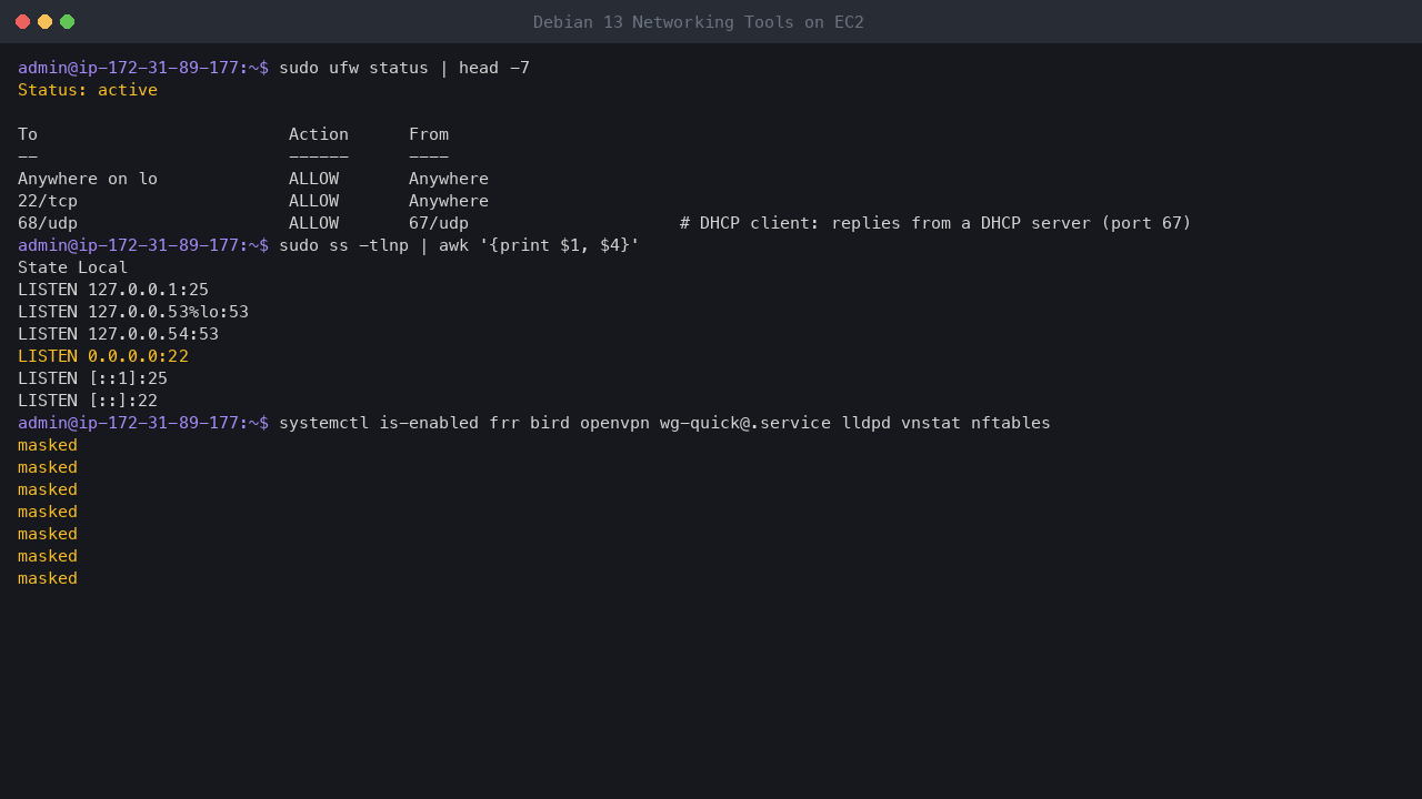 Terminal output showing ufw active allowing only SSH inbound, sshd as the only socket listening on a network address, and the FRR, BIRD, OpenVPN, WireGuard, lldpd, vnstat and nftables services all masked