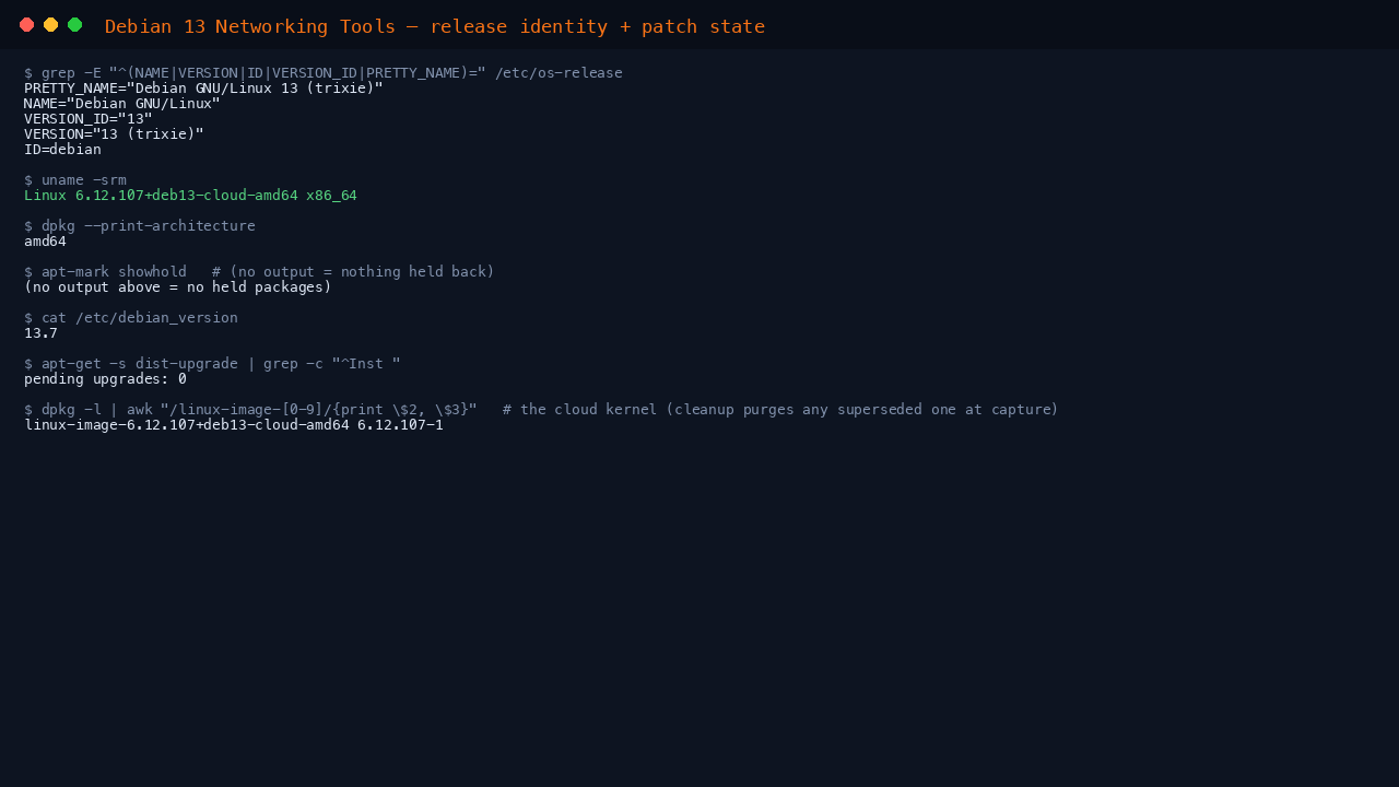 The terminal shows the os-release fields reporting Debian GNU/Linux 13 trixie with VERSION_ID 13, uname reporting an x86_64 cloud kernel, debian_version reporting the 13.7 point release, dpkg print-architecture reporting amd64, no held packages and zero pending upgrades