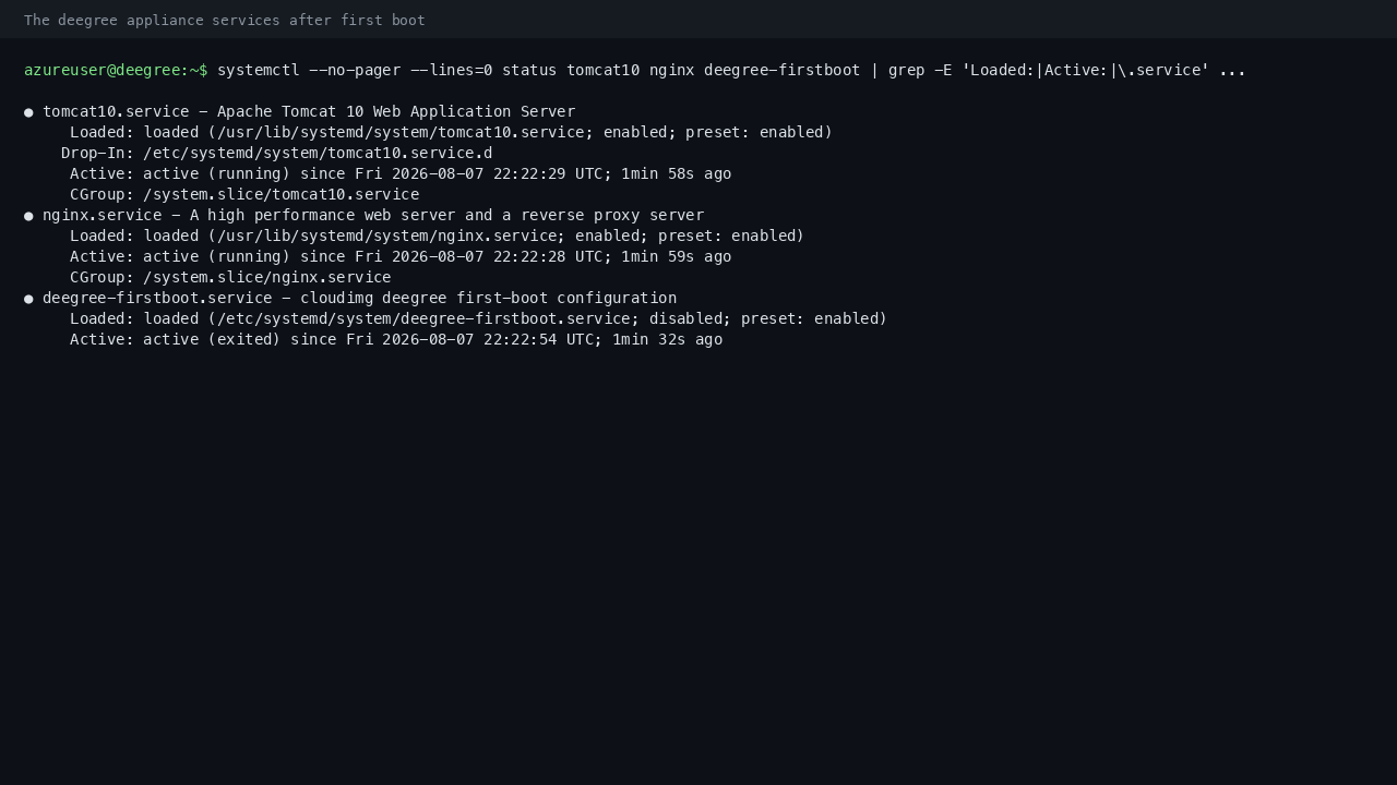 The tomcat10, nginx and deegree-firstboot units all reporting active on a freshly booted VM, with the first boot sentinel present