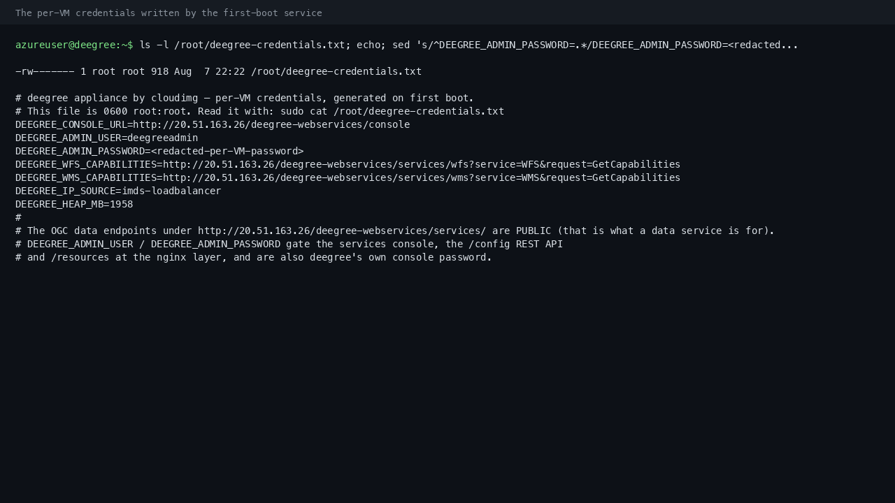 The per VM credentials file listing the console URL, the administrative user name, the WFS and WMS capabilities URLs and the JVM heap chosen for this VM size