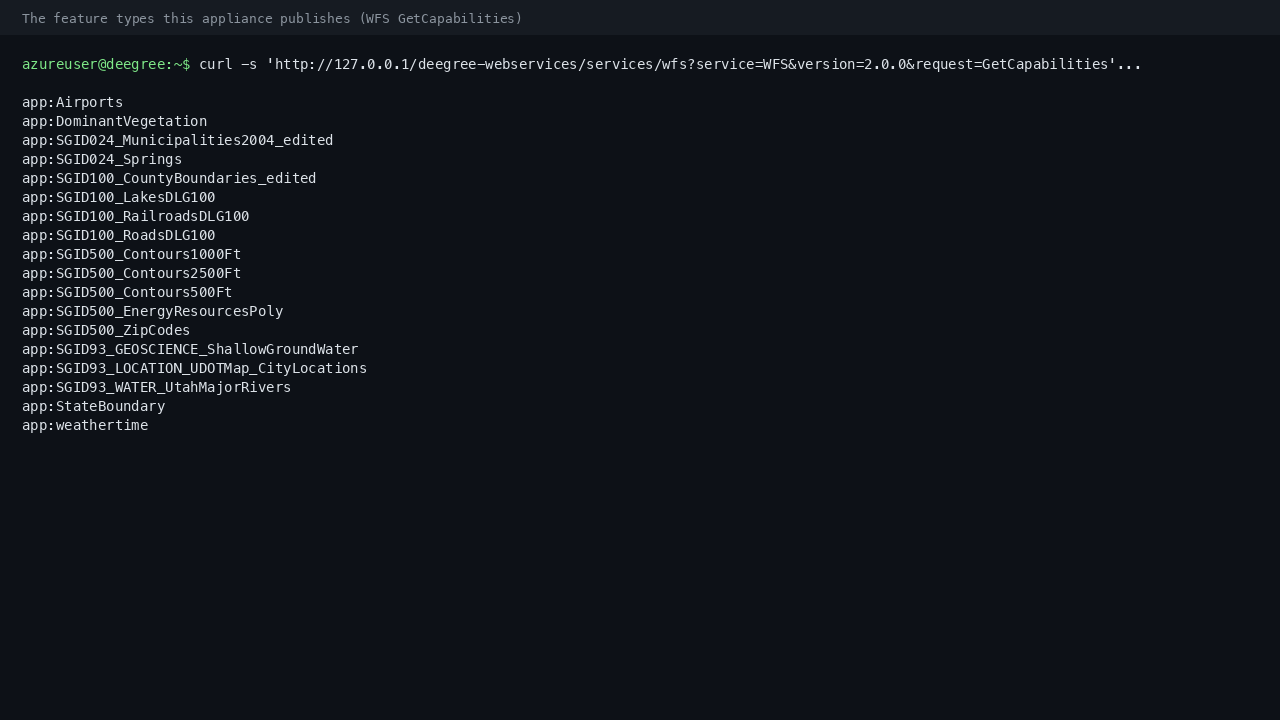 The feature types the appliance publishes over WFS, extracted from the GetCapabilities document, including airports, counties, municipalities, rivers and roads