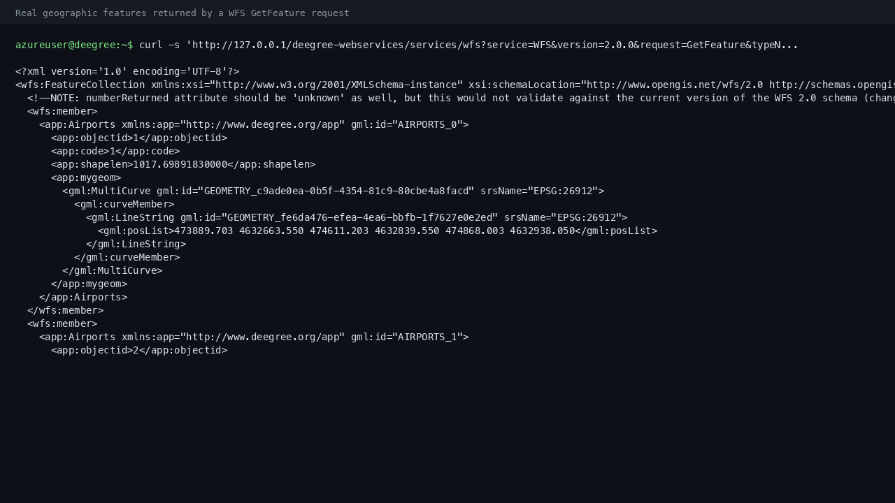 A WFS GetFeature response for the Airports layer, showing real feature members with their geometry and attributes, served from local data on the VM