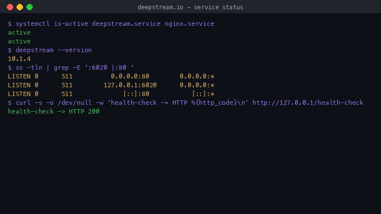 The deepstream service and nginx both report active, deepstream reports version 10.1.4, and the listener list shows deepstream bound to loopback 127.0.0.1 port 6020 with nginx on port 80