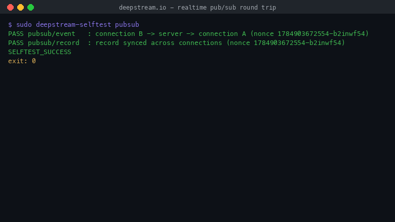 The deepstream selftest pubsub command opens two independent authenticated connections and reports PASS for the event travelling from connection B through the server to connection A and PASS for the record syncing across connections, both carrying the same nonce, ending in SELFTEST_SUCCESS