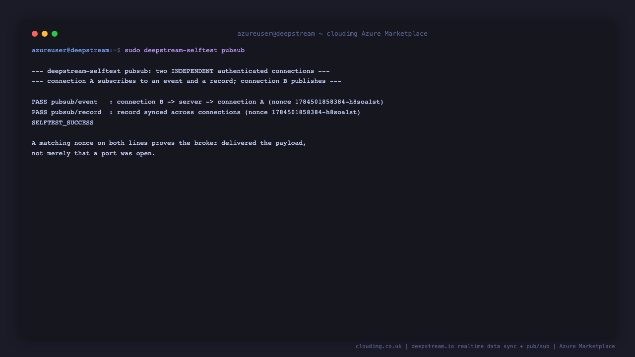 The deepstream selftest pubsub command opens two independent authenticated connections and reports PASS for the event travelling from connection B through the server to connection A and PASS for the record syncing across connections, both carrying the same nonce, ending in SELFTEST_SUCCESS