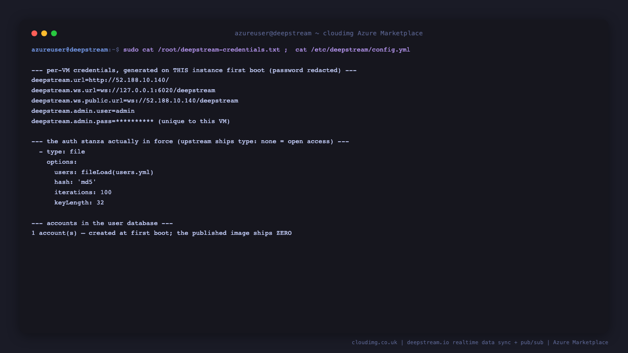 The per VM credentials file shows the instance URL, websocket URLs and admin user with the password redacted, the auth stanza in force shows type file with users loaded from users.yml and md5 hashing over 100 iterations, and the user database reports one account created at first boot while the published image ships zero