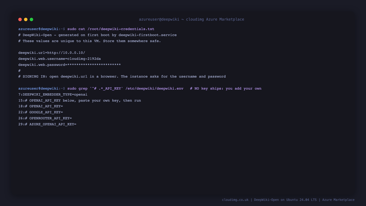The per-VM credentials file and the commented provider key lines that ship with no key set