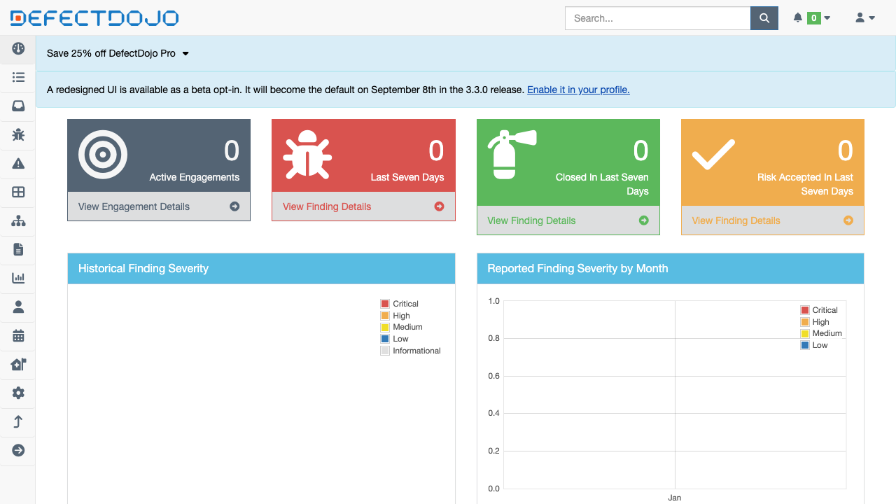 The DefectDojo dashboard after signing in