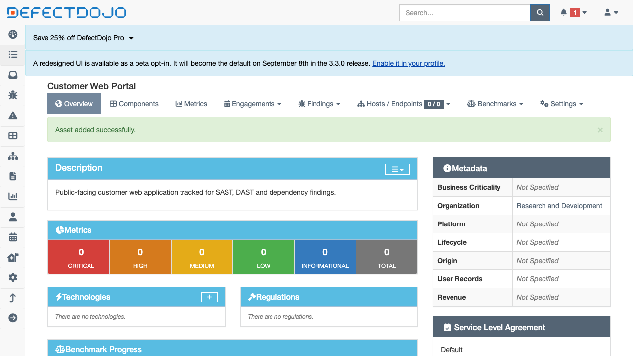 The DefectDojo product and engagement view