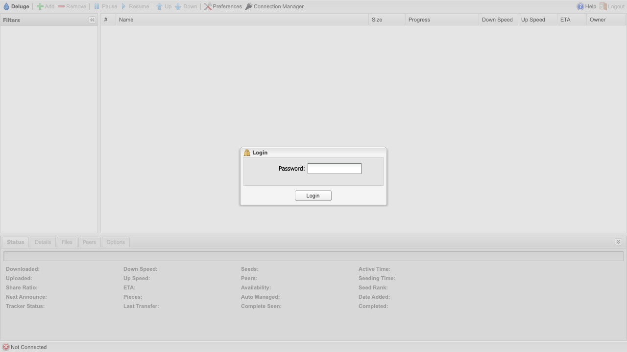 The Deluge Web UI login dialog asking for the password, in front of the empty torrent list