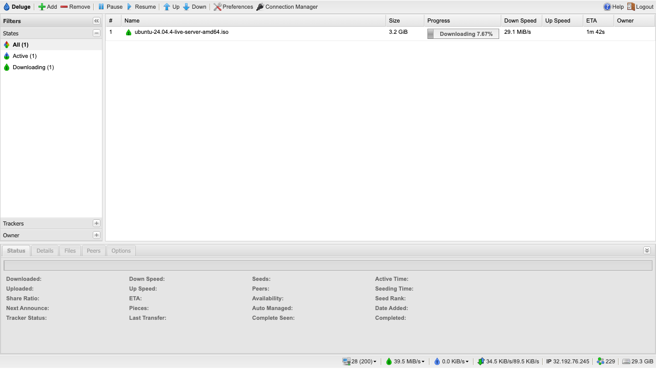 The Deluge main window downloading the Ubuntu 24.04.4 live server ISO at about 29 MiB/s