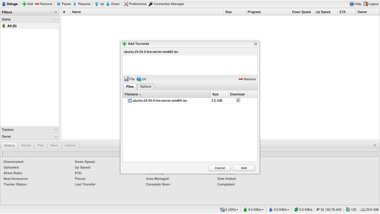 The Add Torrents dialog with the Ubuntu 24.04.4 live server torrent loaded from a URL and its single ISO file ticked for download