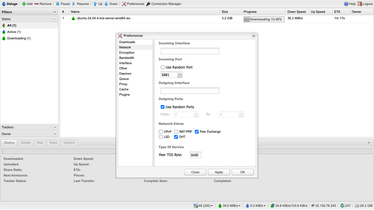 The Deluge Preferences Network page with Use Random Port unticked, incoming port 6881, and UPnP, NAT-PMP and LSD unticked