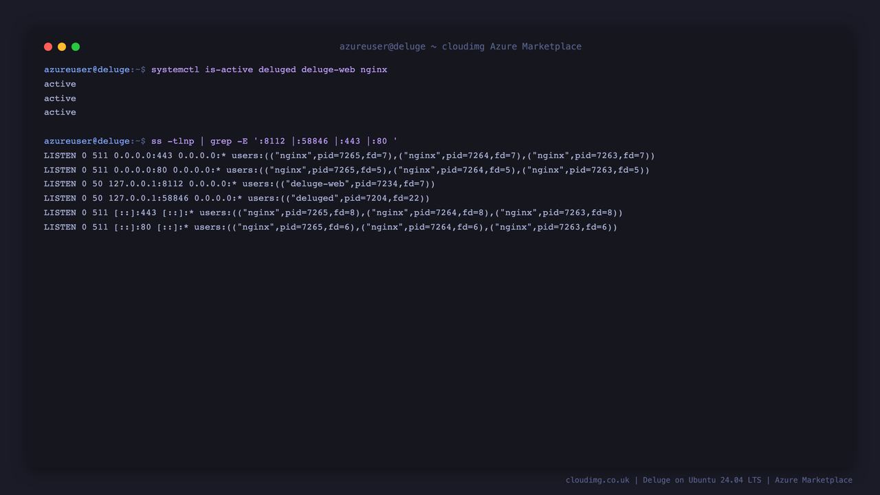 systemctl reports deluged, deluge-web and nginx all active, and ss shows deluge-web bound to 127.0.0.1:8112 and deluged bound to 127.0.0.1:58846 loopback only