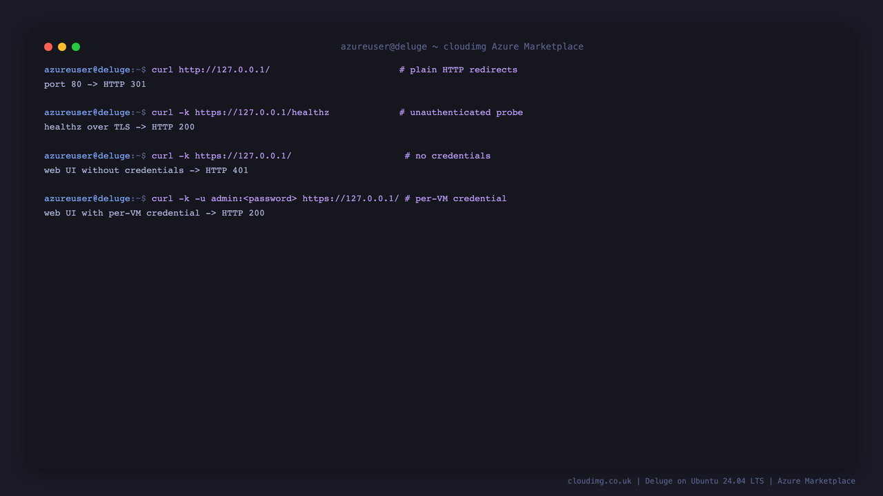 curl showing port 80 returning a 301 redirect, healthz returning 200, and the Web UI returning 401 without credentials