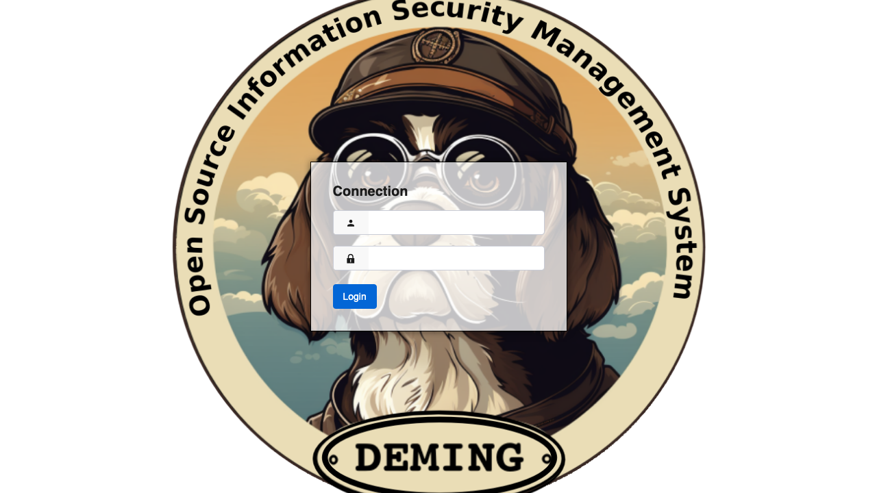 The Deming sign in page with the login and password fields over the Deming information security management system badge